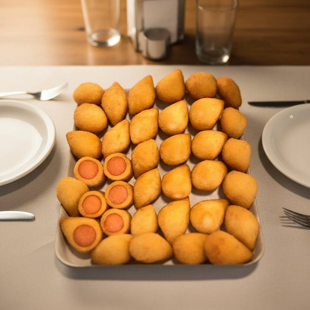 40 salgadinhos fritos na hora. Escolha ate 4 opções de salgadinhos. Salgadinhos tamanho festa.