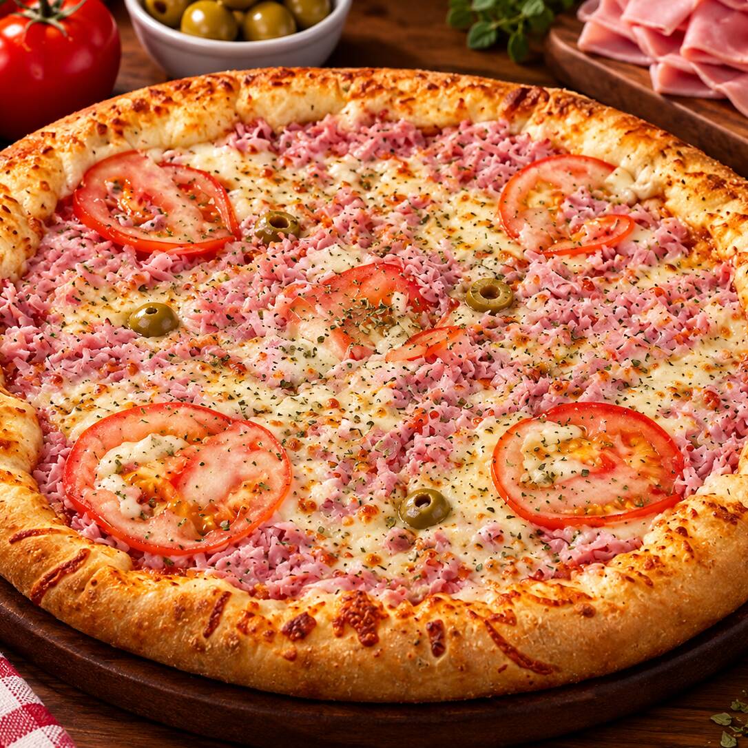Uma combinação clássica e irresistível! Massa preparada com carinho, molho especial e uma deliciosa borda, coberta com presunto em boa quantidade e mussarela SALPICADA(150g) na medida certa, garantindo aquele equilíbrio perfeito sem deixar o queijo dominar o sabor.
Para completar, tomates frescos fatiados, azeitonas e um toque de orégano, que dão aquele aroma e sabor especial a cada pedaço.
🔥 Massa saborosa, recheio caprichado e aquele sabor caseiro que dá vontade de pedir mais uma!