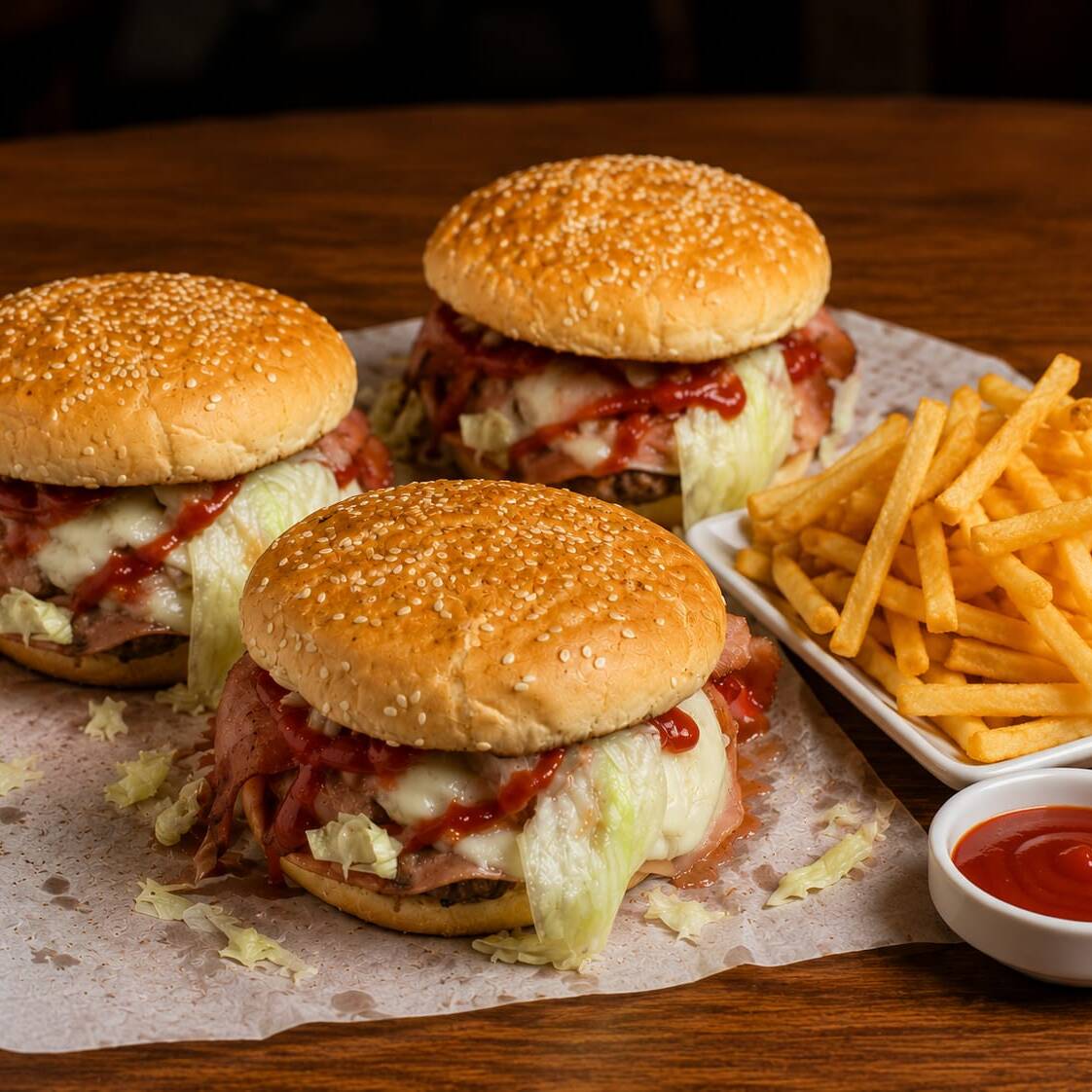 3 Hamburguesas Tradicionales y 1 Orden de Papas