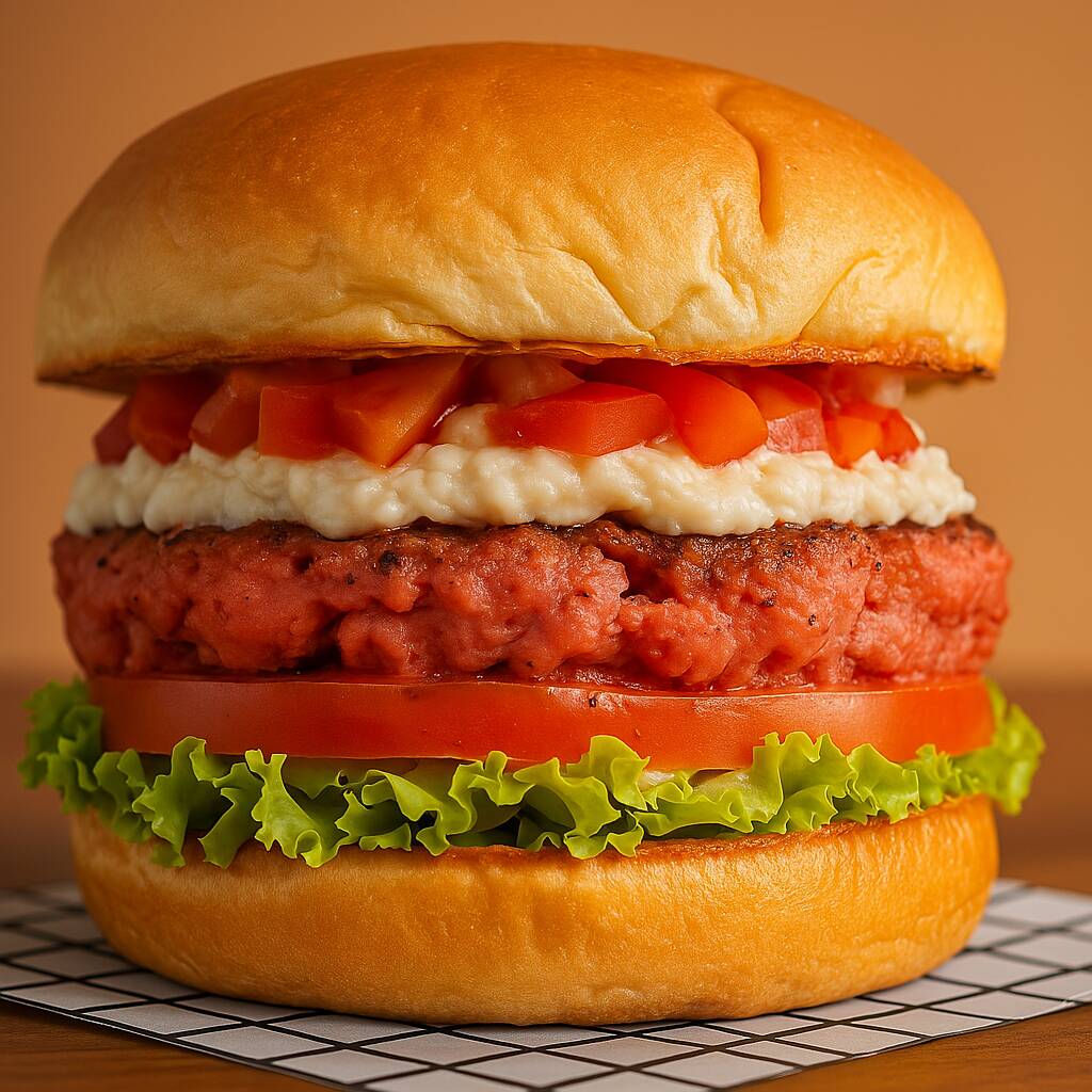 Burger sabor linguiça Toscana feito com proteína de ervilha (não contém soja) + maionese artesanal + queijo cremoso de castanha de caju + alface americana + tomate + vinagrete no pão de brioche selado na chapa!