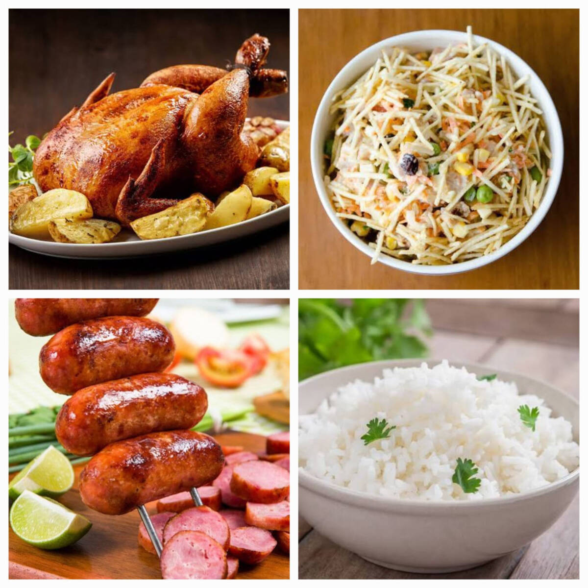 FRANGO ASSADO, FAROFA, BATATA, LINGUIÇA TOSCANA* (*4 unidades), SALPICÃO*(300g), ARROZ*(400g) E 1 REFRIGERANTE DE 2 lt. DE PRIMEIRA LINHA.