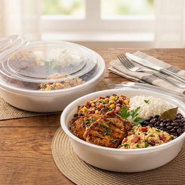 2 refeições de bisteca suína com tropeiro, arroz e feijão + suco devalle de laranja de 1 litro