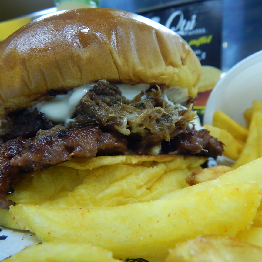 pão brioche selado na chapa, maionese, cheddar, bacon cubos torradinho, hamburguer 70gr (fraldinha), costela desfiada, queijo cheddar fatia, barbecue.