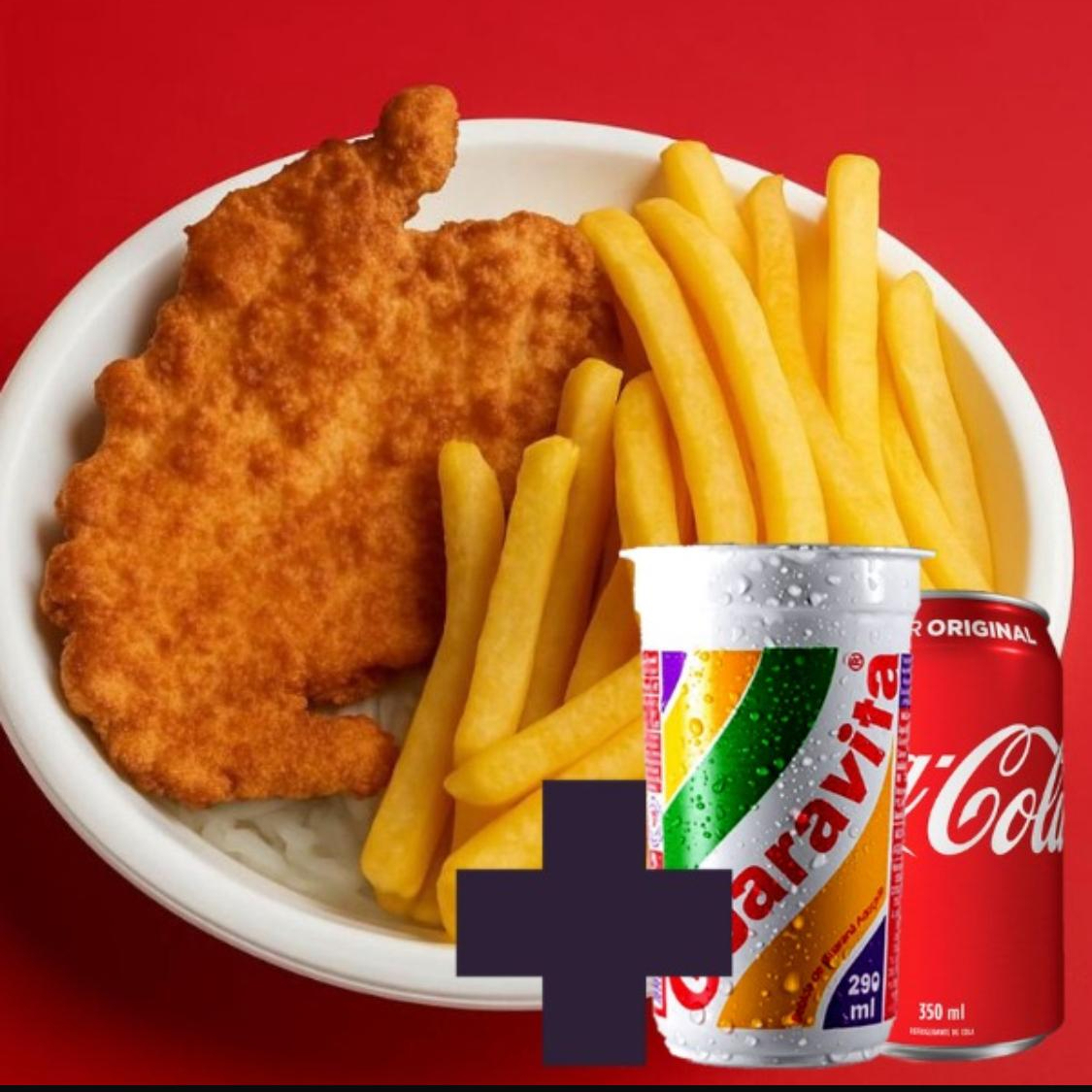 Marmita com deliciosa porção de frango empanado, fritas, arroz e feijão junto com uma bebida refrescante para acompanhar.