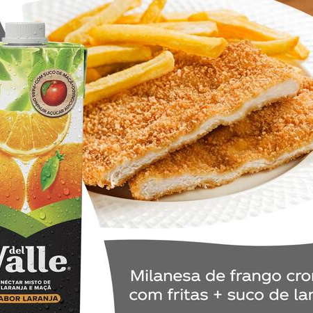 Delicioso filé de frango crocante feito na farinha panko, acompanha arroz, feijão e batata frita + suco de laranja 1lt geladinho