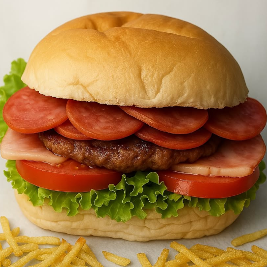 acompanham pão, maionese, hambúrguer, queijo, presunto, alface, tomate e batata palha.