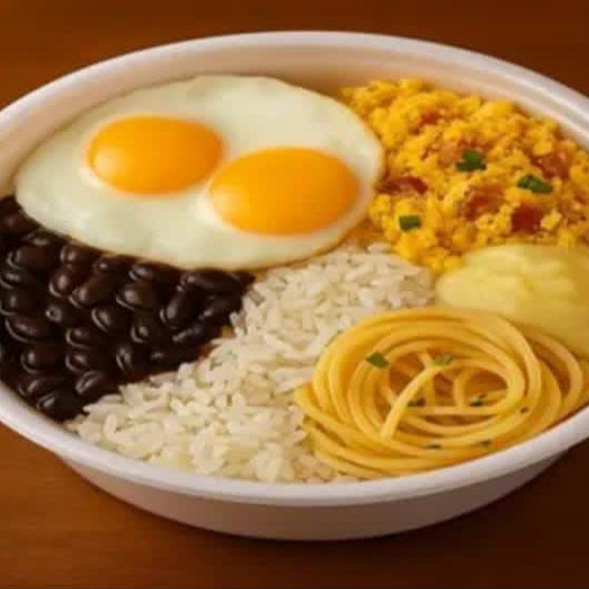 Marmita tamanho P acompanha 2 ovos fritos ,arroz ,macarrao, feijaon temperado farofa e salada fresca