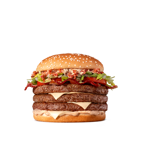 Composto por três hambúrgueres de carne 100% bovina, o icônico molho tasty, uma combinação especial de bacon crispy e fatias de Bacon, queijo processado sabor emental, tomate, alface, cebola, tudo isso no pão com gergelim.