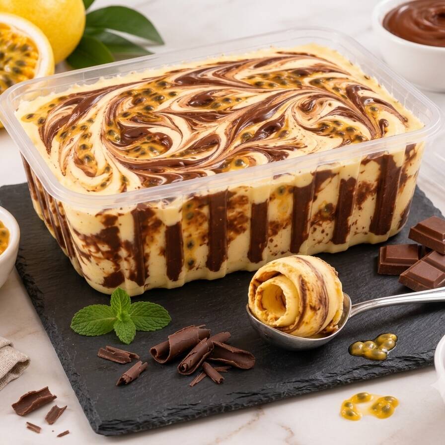 "O equilíbrio perfeito entre o azedinho e o doce! Delicioso sorvete cremoso de maracujá, mesclado com generosas camadas de ganache de chocolate trufado de verdade. Uma combinação refrescante, intensa e irresistível para o seu momento de sobremesa! Acompanha embalagem individual super prática. Experimente!"