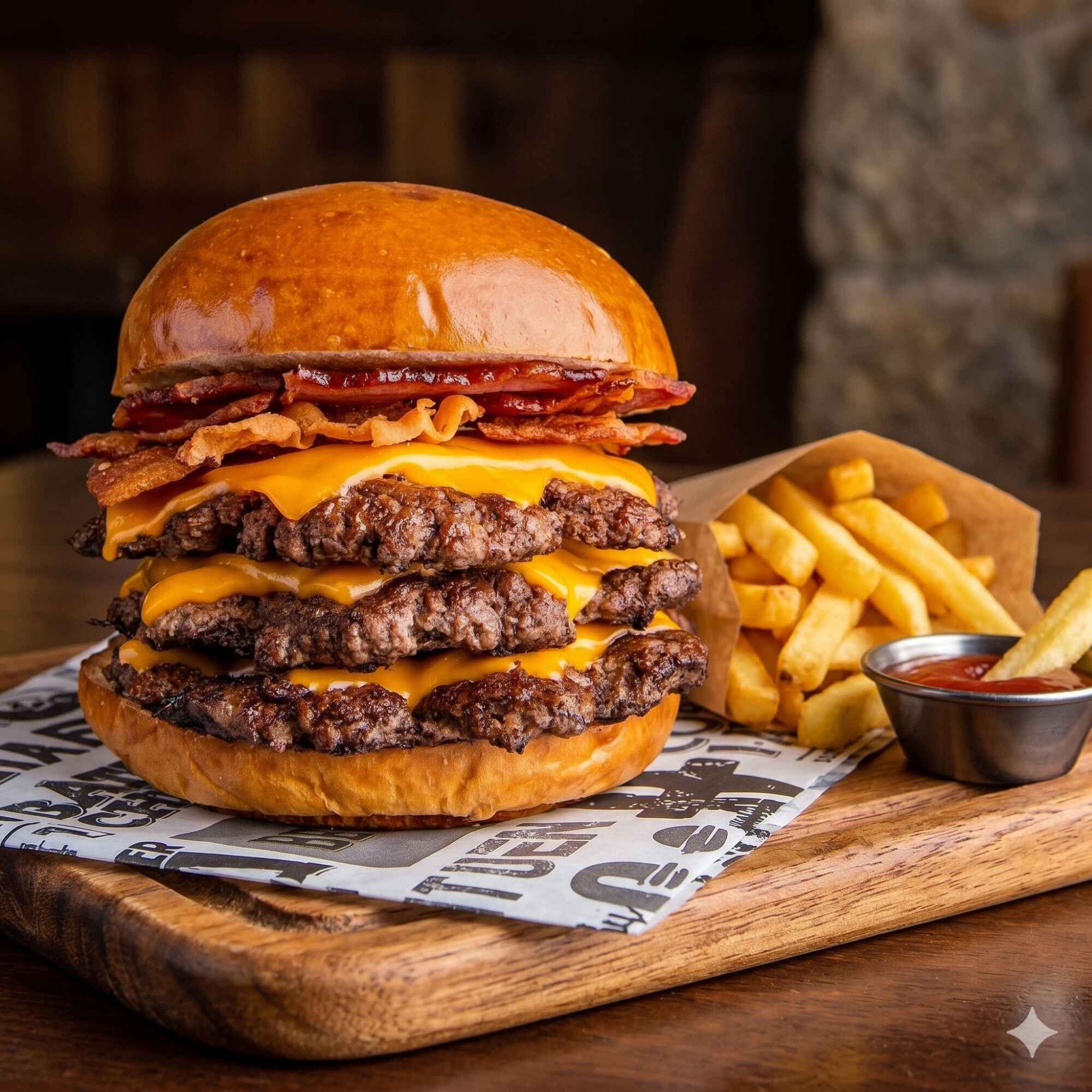 1 Big Furioso+ Fritas P+ Refrigerante Mini
3 carnes bovinas 90g, cheddar cremoso, catupiry, bacon, frango desfiado, mussarela, cebola empanada, salada rica e molho do chefe.