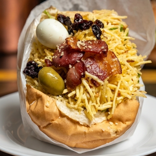 Pão, Carne, Queijo, presunto, Ovo, Bacon, Calabresa, Milho, Ervilha, Cenoura Ralada, Beterraba Ralada, alface, tomate, cebola, ovo de codorna, azeitona, uva passas, Batata palha, molho Caseiro e Queijo Ralado