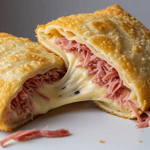 Delicioso pastel recheado com queijo e presunto, crocante por fora e cremoso por dentro. Irresistível!