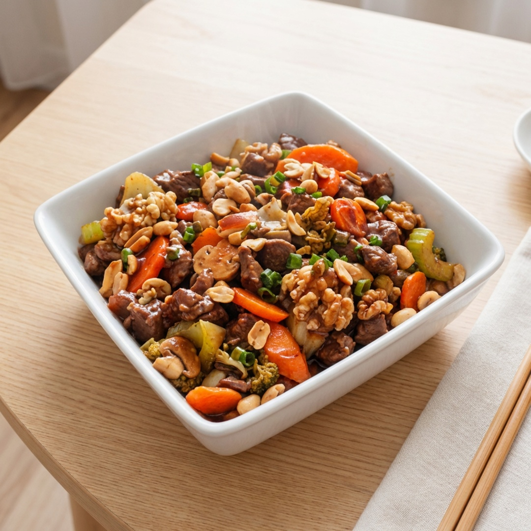 Deliciosos cubos de peito de frango acompanhados de legumes e champignons temperados com nosso molho exclusivo à base de shoyu.