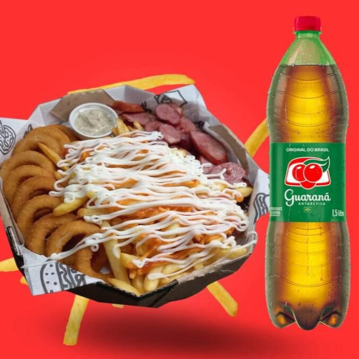Desfrute de nosso 'Combo O Preferido' composto por uma deliciosa porção de batatas, generosamente cobertas com cheddar e Catupiry, e regadas ao sabor inconfundível do ketchup. Acrescentamos ainda uma saborosa porção de anéis de cebola crocantes e uma irresistível porção de calabresa, trazendo um equilíbrio perfeito de sabores. Para completar, acompanha um refrescante refrigerante de 1l ou 1,5l, tornando esse combo a opção ideal para uma refeição completa e prazerosa. Experimente essa combinação deliciosamente harmoniosa!