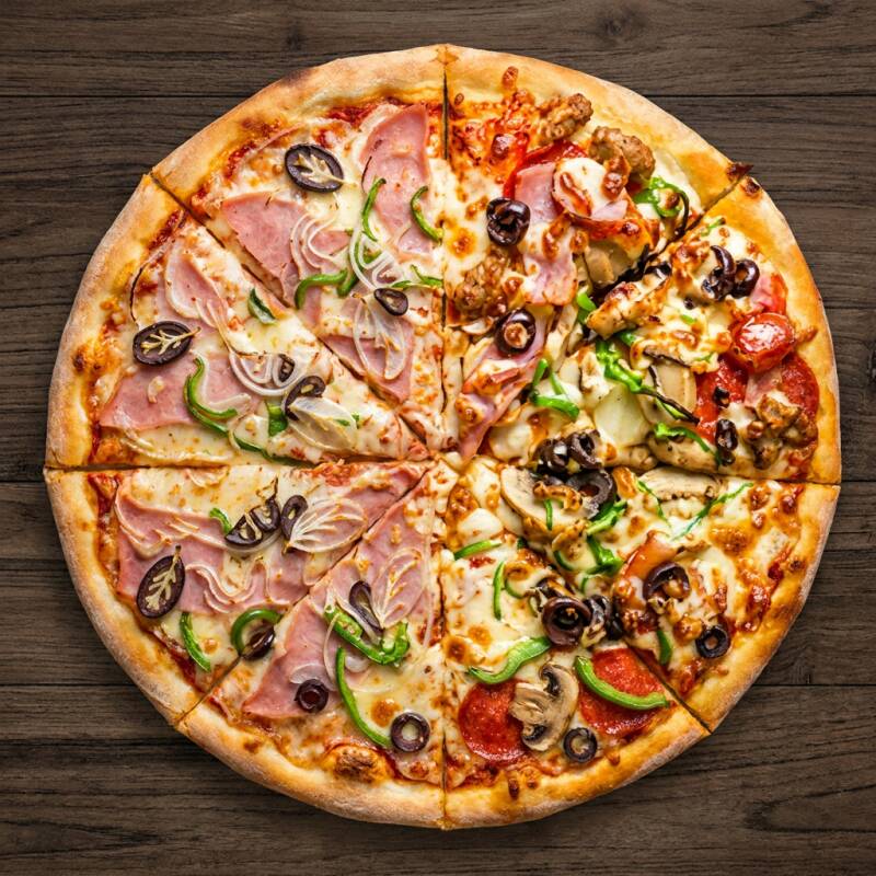 01 Pizza grande artesanal, tamanho 35 cm, 8 fatias.
Escolha 02 sabores de sua preferência!