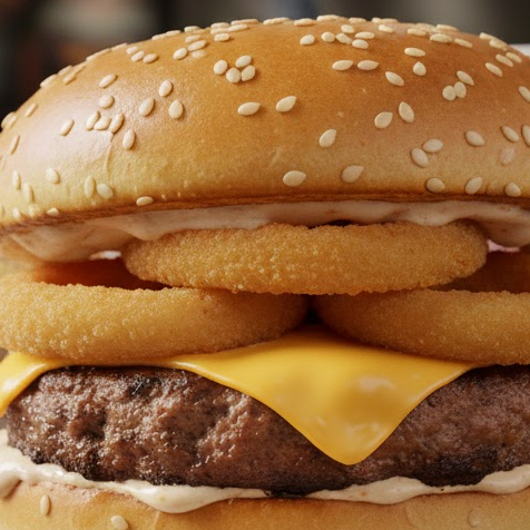 pão tradicional, 1 blend de 130 g de carne, 1 fatia de queijo cheddar, 3 anéis de cebola empanada e molho.