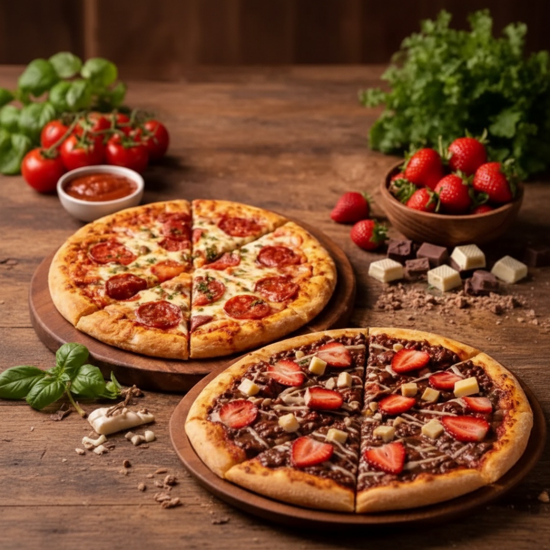 1 pizza salgada grande (35cm - 8 pedaços) + 1 pizza doce média (30cm - 6 pedaços). Ideal para duas pessoas e já acompanha sobremesa.