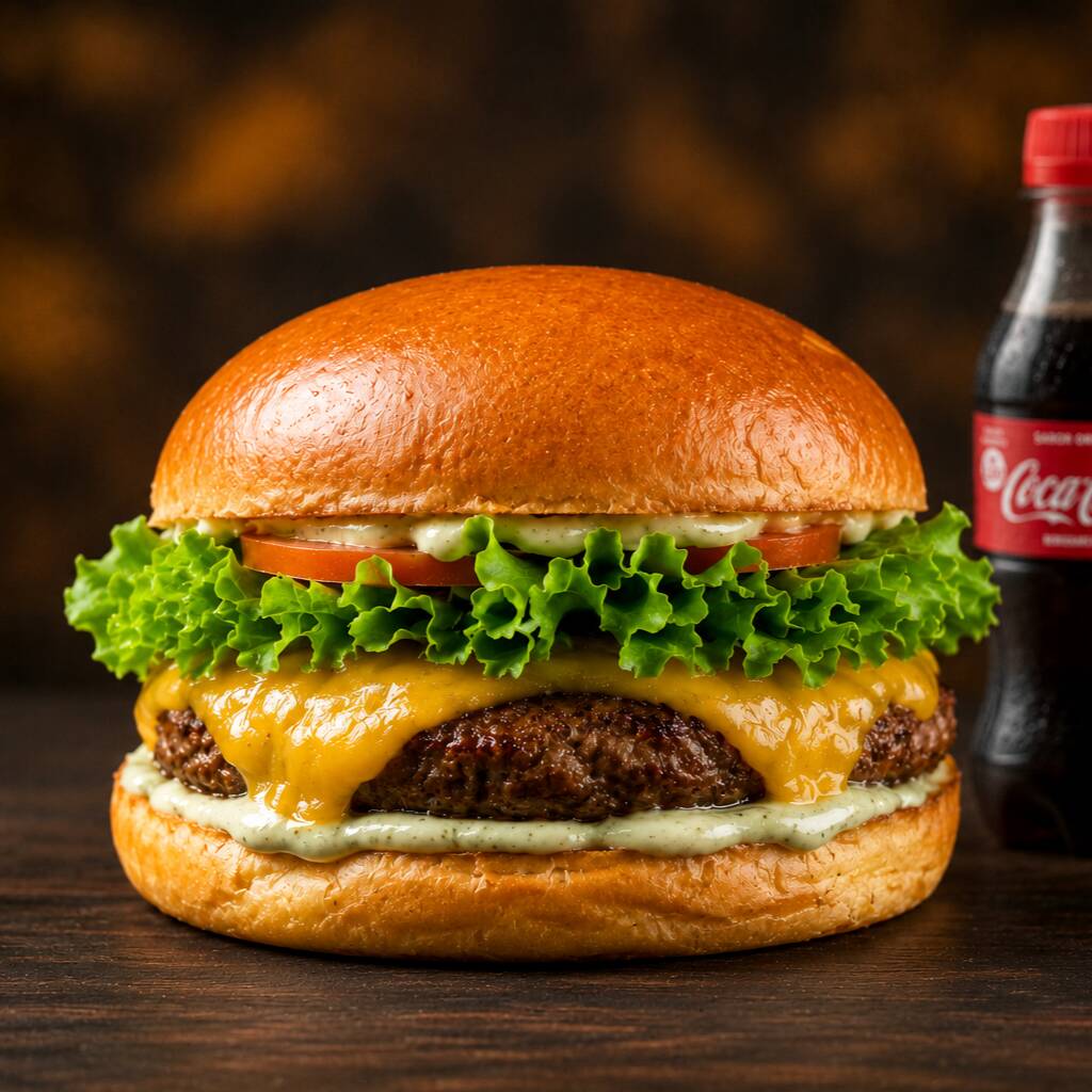 Hambúrguer bovino suculento de 150g, servido no pão macio com mussarela derretida, alface crocante, tomate fresco e nosso exclusivo molho da casa. Acompanha 1 Coca cola 200ml geladinha!