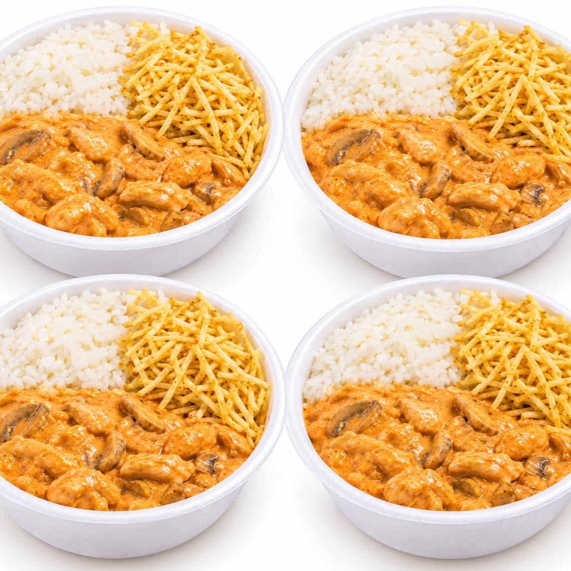 4 deliciosas marmitas de strogonoff cremoso, acompanhadas de arroz soltinho e batata palha crocante, para matar a fome de verdade! É sabor, fartura e praticidade em um só combo! Peça já o seu e aproveite!