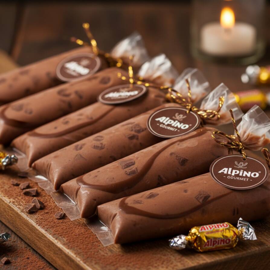 O geladinho gourmet de Alpino é uma sobremesa gelada artesanal que eleva o clássico "sacolé" ou "dindim" a um nível de sofisticação, focando na cremosidade e no sabor inconfundível do chocolate Alpino da Nestlé.