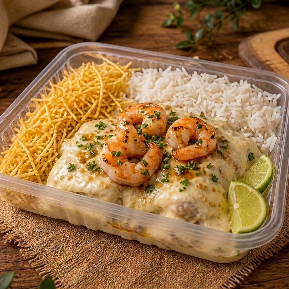 Deliciosa isca de Peixe douradinha coberta com um molho especial e Camarão acompanhamento feijão, Arroz branquinho e batata Palha ideal para 1 pessoa 500gr