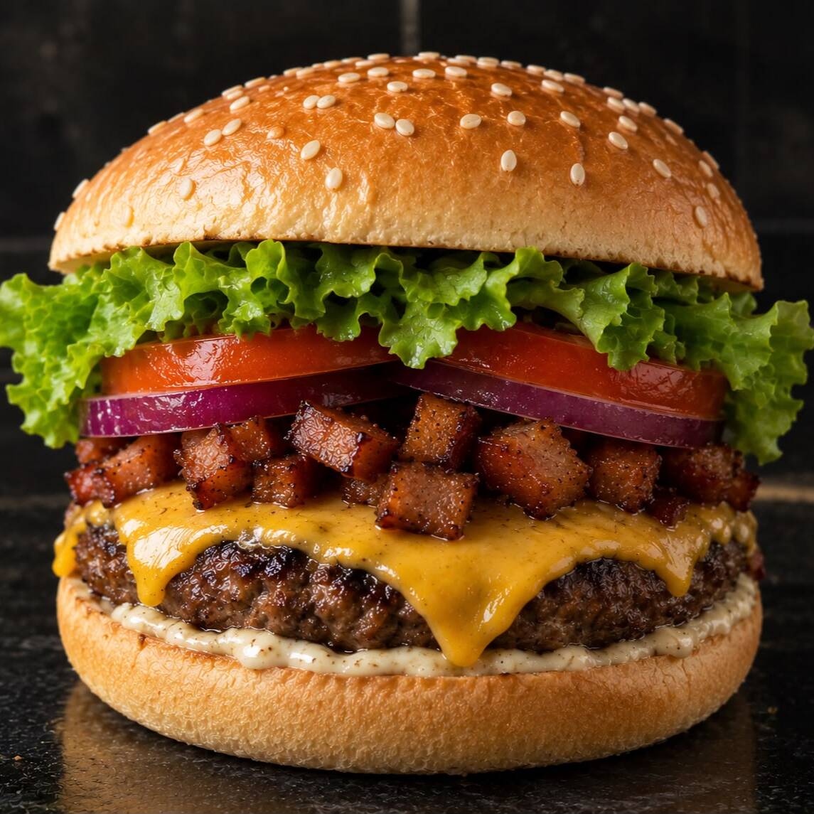 X-Bacon 🥓
Para quem ama um lanche bem recheado! Hambúrguer bovino suculento, cebola roxa, queijo derretido e bacon em cubos, douradinho e cheio de sabor, acompanhado de salada e maionese cremosa no pão . Uma combinação irresistível!