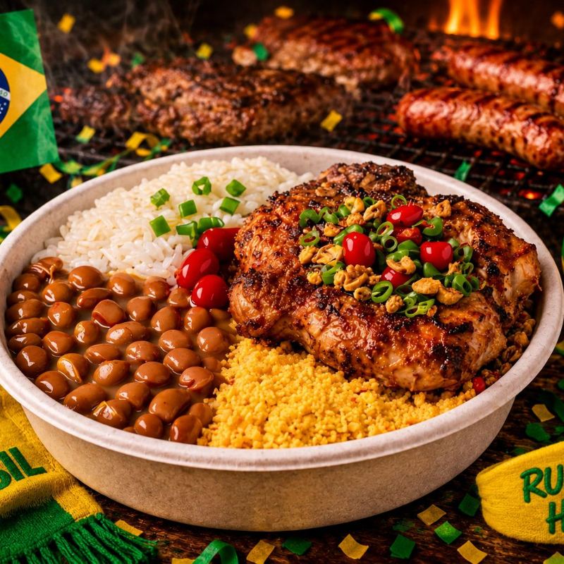 arroz soltinho, feijão caseiro, farofa crocante e saladinha de vinagrete. Finalizada com cebolinha e um toque de pimenta biquinho. Uma explosão de sabor! ( indicado p/ 1 pessoa )