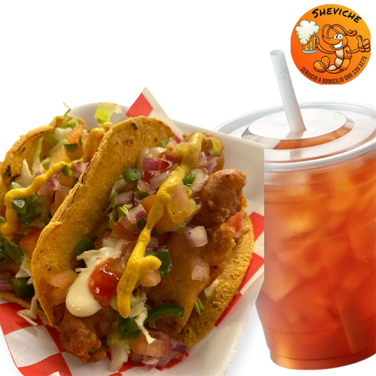 2 Tacos de Camaron + 1 Te Helado