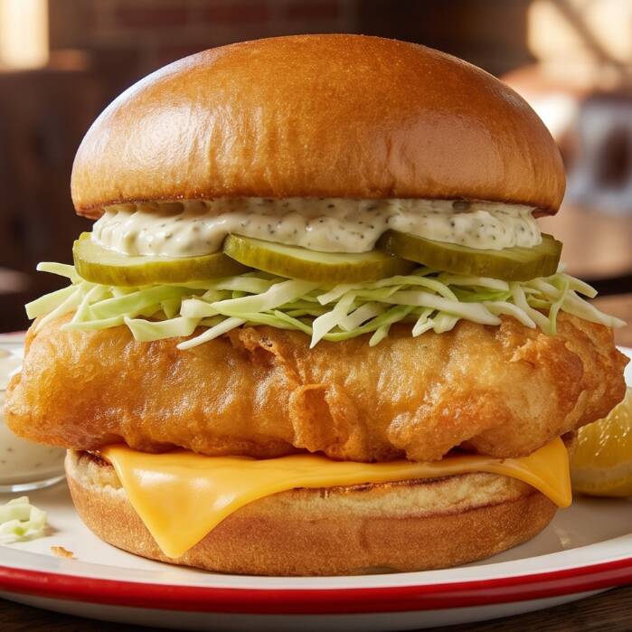 Melhor que o Mcfish! Brioche artesanal amanteigado e selado na chapa, 150g de Tilápia empanada em massa de cerveja tipo tempurá, crocante por fora e macio e suculento por dentro, queijo americano, repolho fatiado, picles, e molho tártaro artesanal.