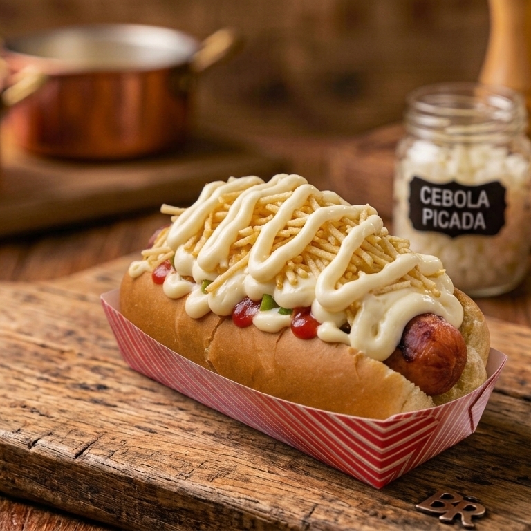 Pão de hot dog, 1 salsicha, maionese, cat chup, mostarda, catupiry e batata palha