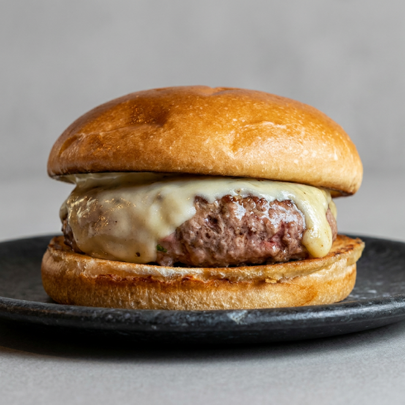 Pao brioche, maionese D'Bronx, Burger bovino red angus, e queijo cheddar.