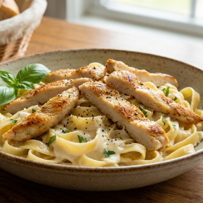 FETUCCINI ALFREDO CON TIRAS DE POLLO A LA PLANCHA