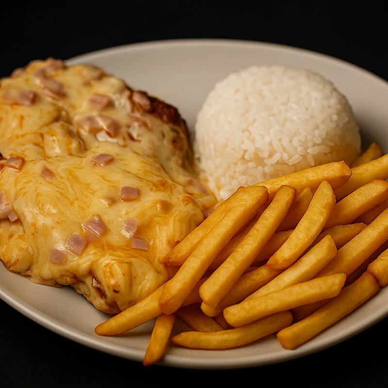 Parmegiana de Frango – filé de frango empanado no ponto certo, coberto com molho de tomate artesanal e uma generosa camada de queijo derretido. Acompanha arroz branco soltinho e batata frita crocante, formando a combinação perfeita.