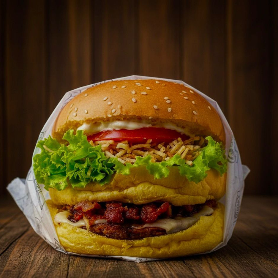 Pao , carne 1 , bacon , calabresa , ovo, queijo, presunto , alface , tomate , cebola , milho , ervilha , azeitona , ovo codorna , batata palha , molho verde , kechut , maionese alho