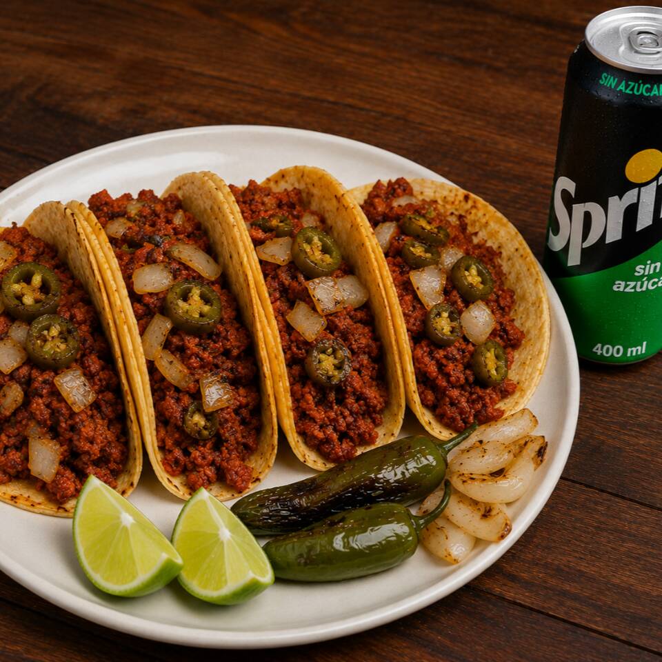 4 tacos de chorizo+ refresco 🔥🥤