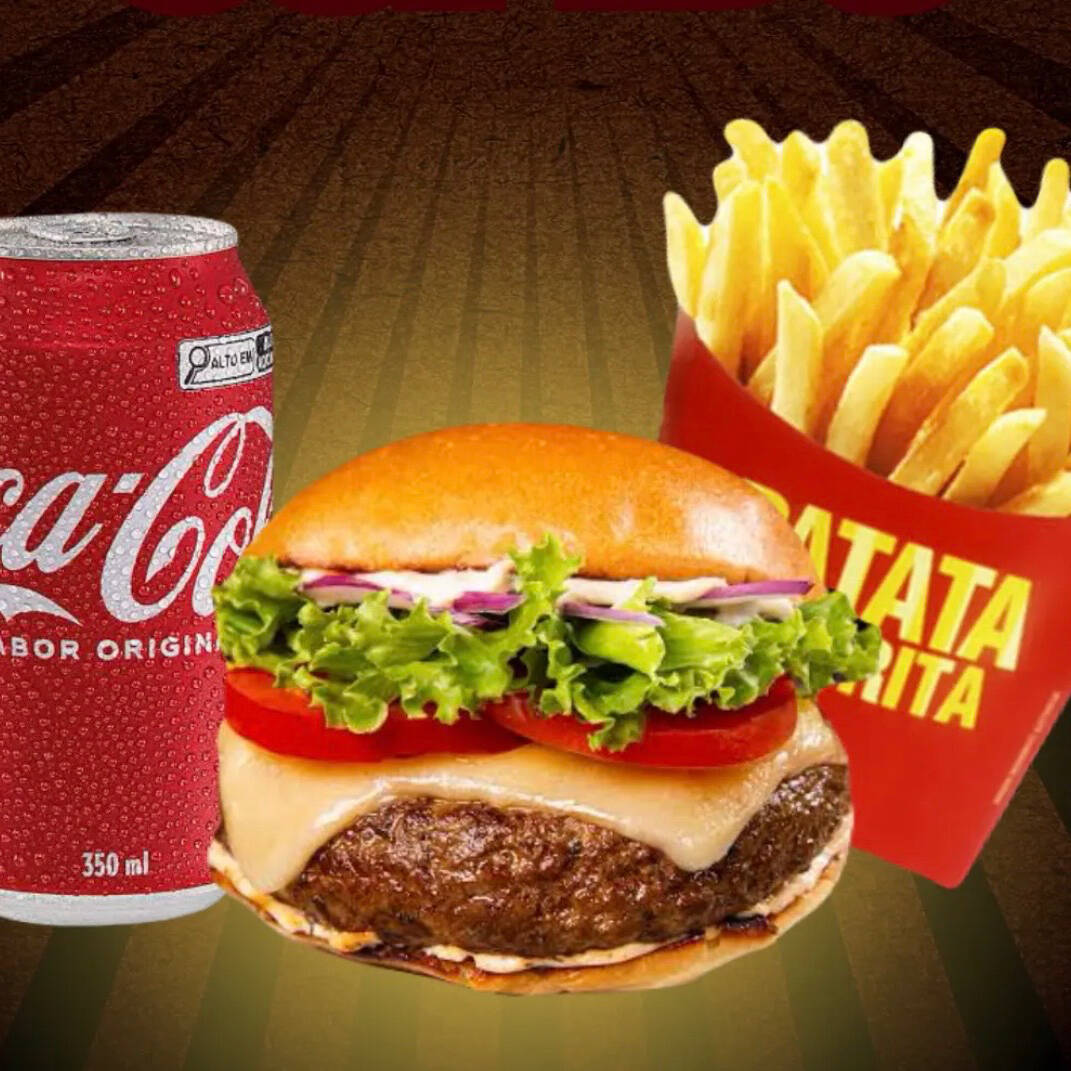 1 carne de picanha 120g ovo, calabresa, bacon, pão, queijo, salada e molhos. 1 coca lata 1 batinha frita