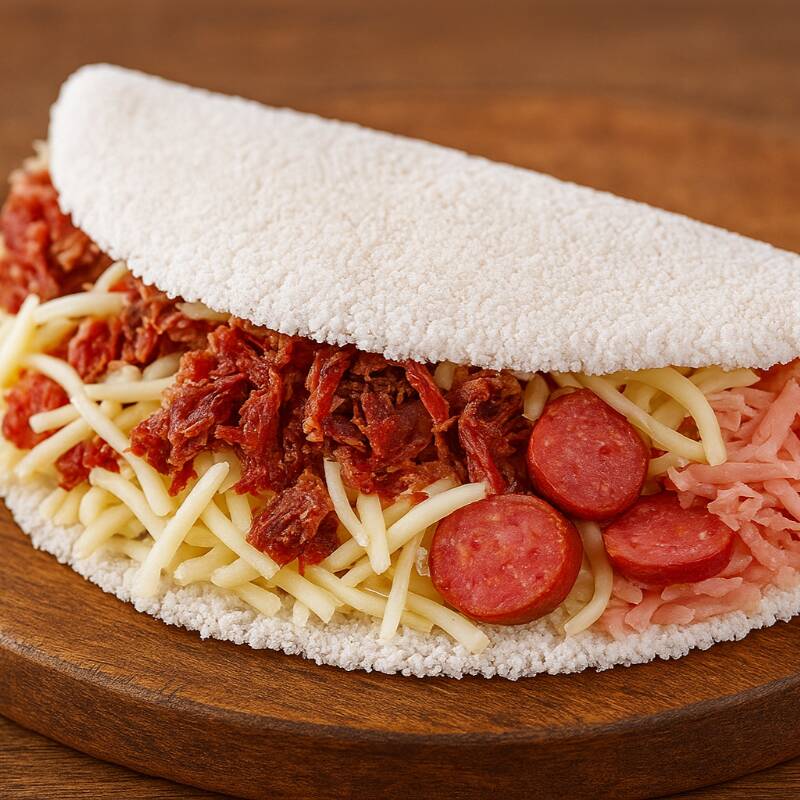 Uma tapioca generosamente recheada com calabresa, carne seca desfiada, presunto e queijo muçarela derretido. Uma combinação irresistível de sabores marcantes!