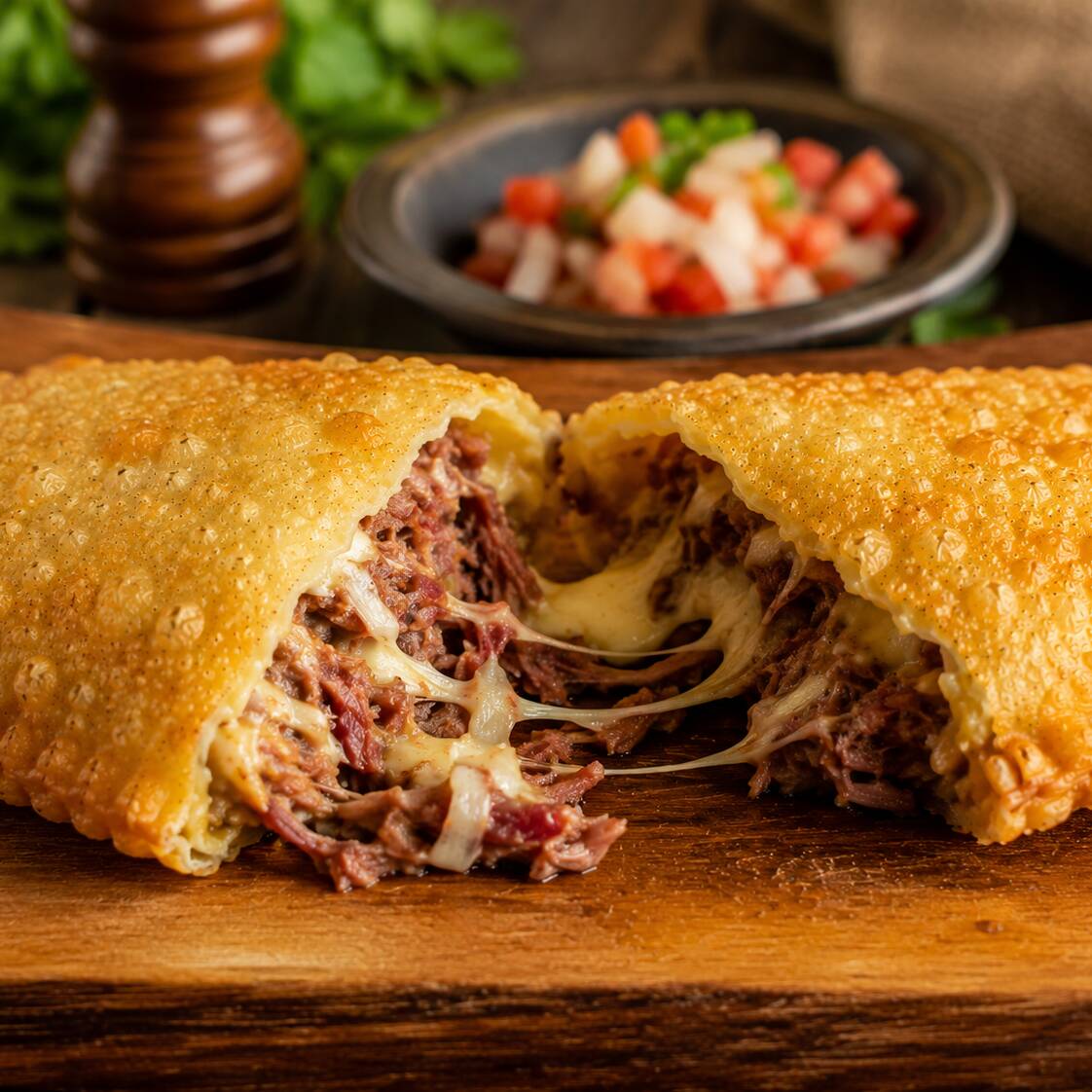 Carne seca desfiada e bem temperada, combinada com queijo derretido, criando um recheio marcante, suculento e irresistível. Tudo envolvido em uma massa sequinha, crocante e douradinha. Uma combinação cheia de sabor que conquista na primeira mordida! 🤤