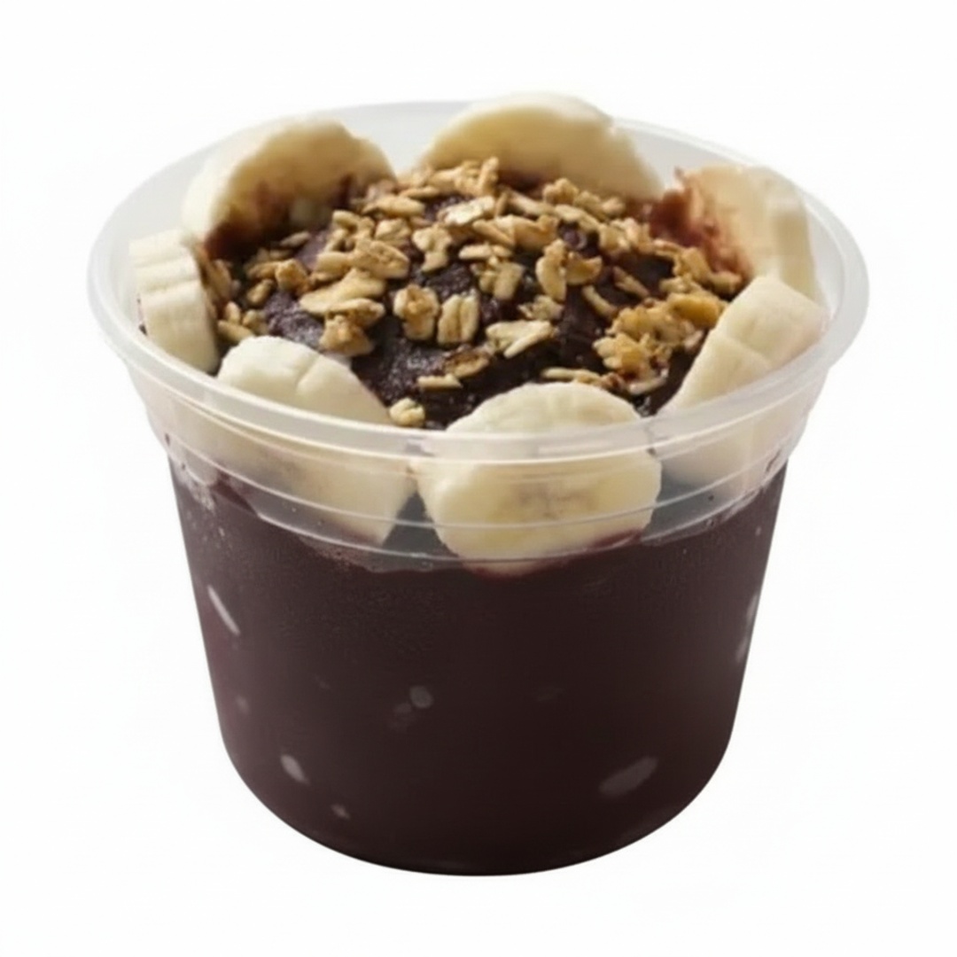 Copo 770 Ml de açaí puro ou acompanhado de complementos a escolher e caldas diversas. Você pode escolher cinco complementos e uma calda.