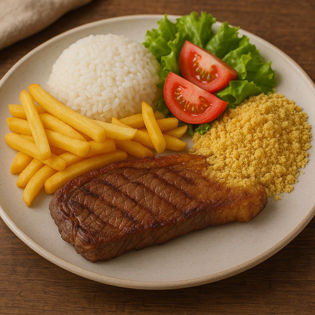 Arroz, feijão, farofa, salada, batata frita ou salpicão.