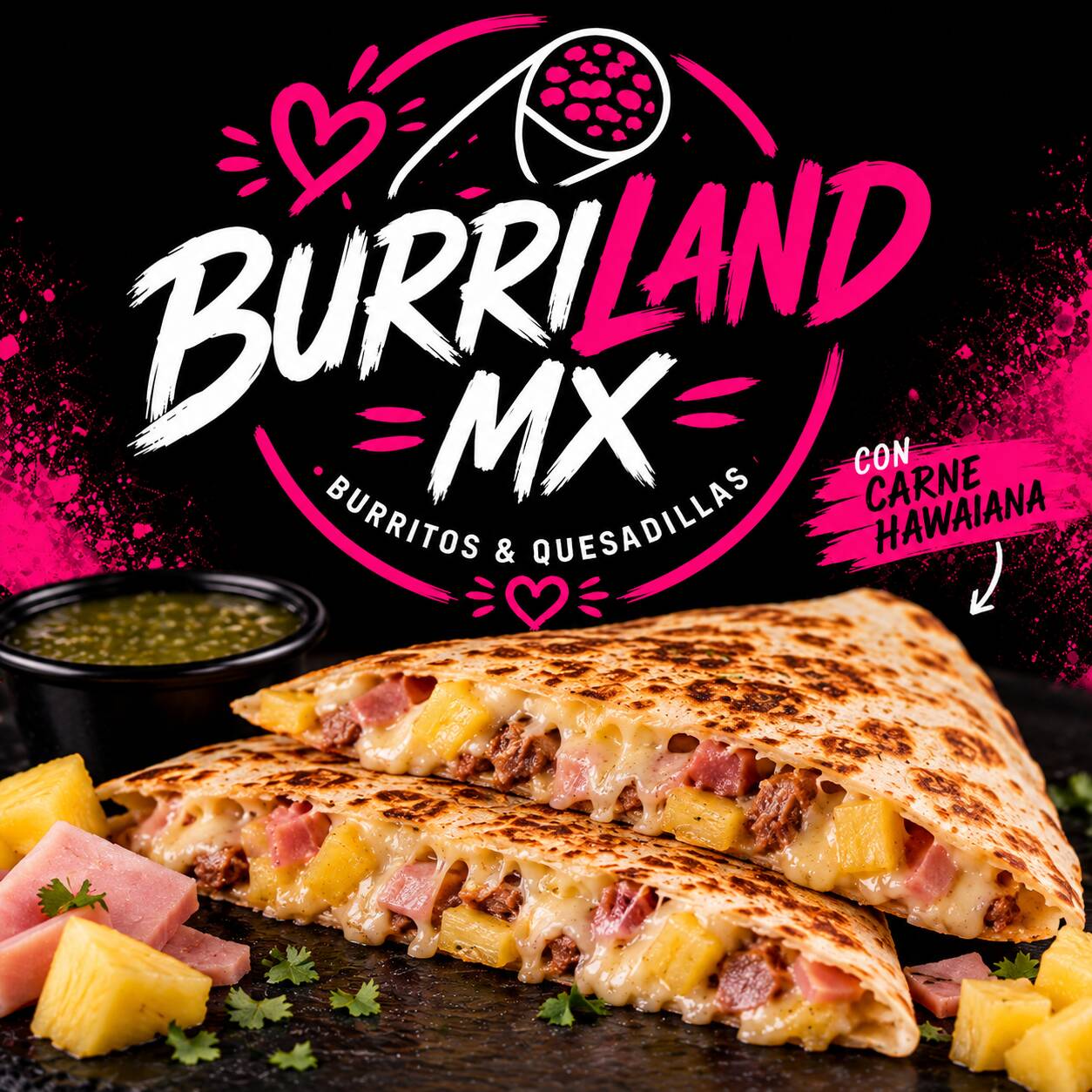 Quesadilla Hawaiana (Jamón, Salchicha, Queso y Piña)