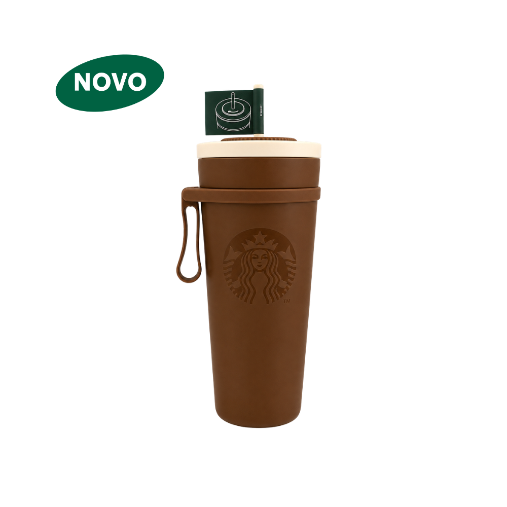 Copo marrom de inox com canudo e alça emborrachada, ideal para bebidas quentes e frias. *produto térmico*