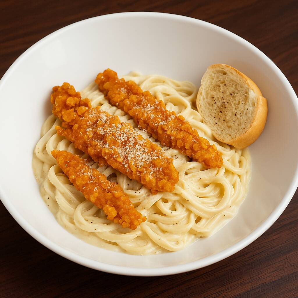 Fettucini en salsa Alfredo con Tiras Crispy