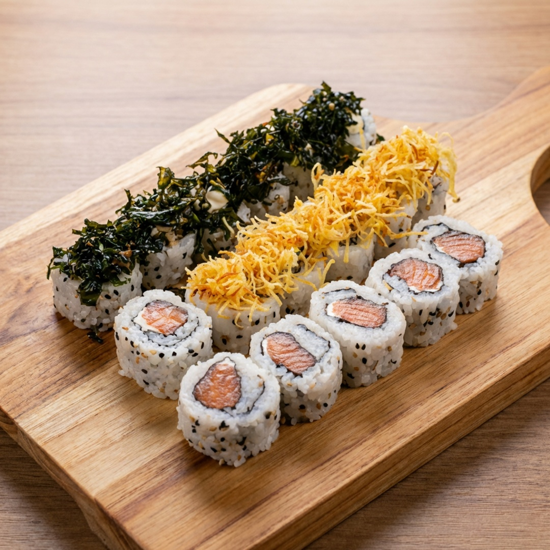 20 peças de enrolados com arroz, alga, gergelim e recheio: 6 skin, 8 salmão e 6 califórnia; Não é permitido fazer nenhuma alteração/troca nos itens deste prato.