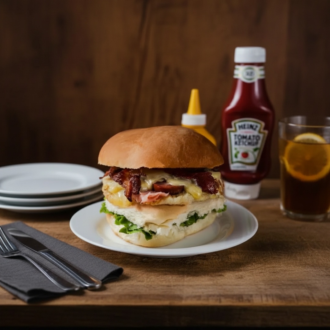 Hambúrguer artesanal de 100 gramas, maionese artesanal da casa, queijo prato, ovo, bacon, calabresa, presunto, rodelas de tomate e alface americana crocante no pão de hambúrguer.