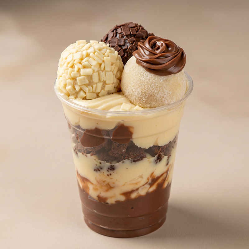 Feito com brigadeiro de Ninho, brigadeiro de chocolate branco, brigadeiro de chocolate ao leite, brownie, três brigadeiros de chocolate, Ninho e chocolate branco. Copo com 200ml