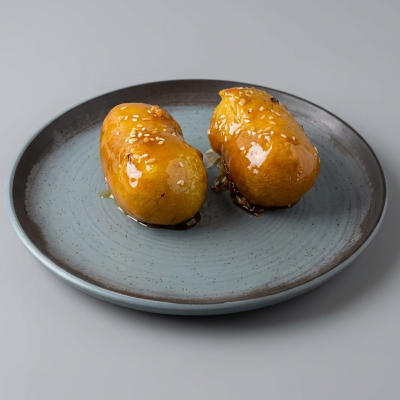 Bananas Empanadas em Massa Fina Especial Caramelizadas, Salpicada com Sementes de Gergelim