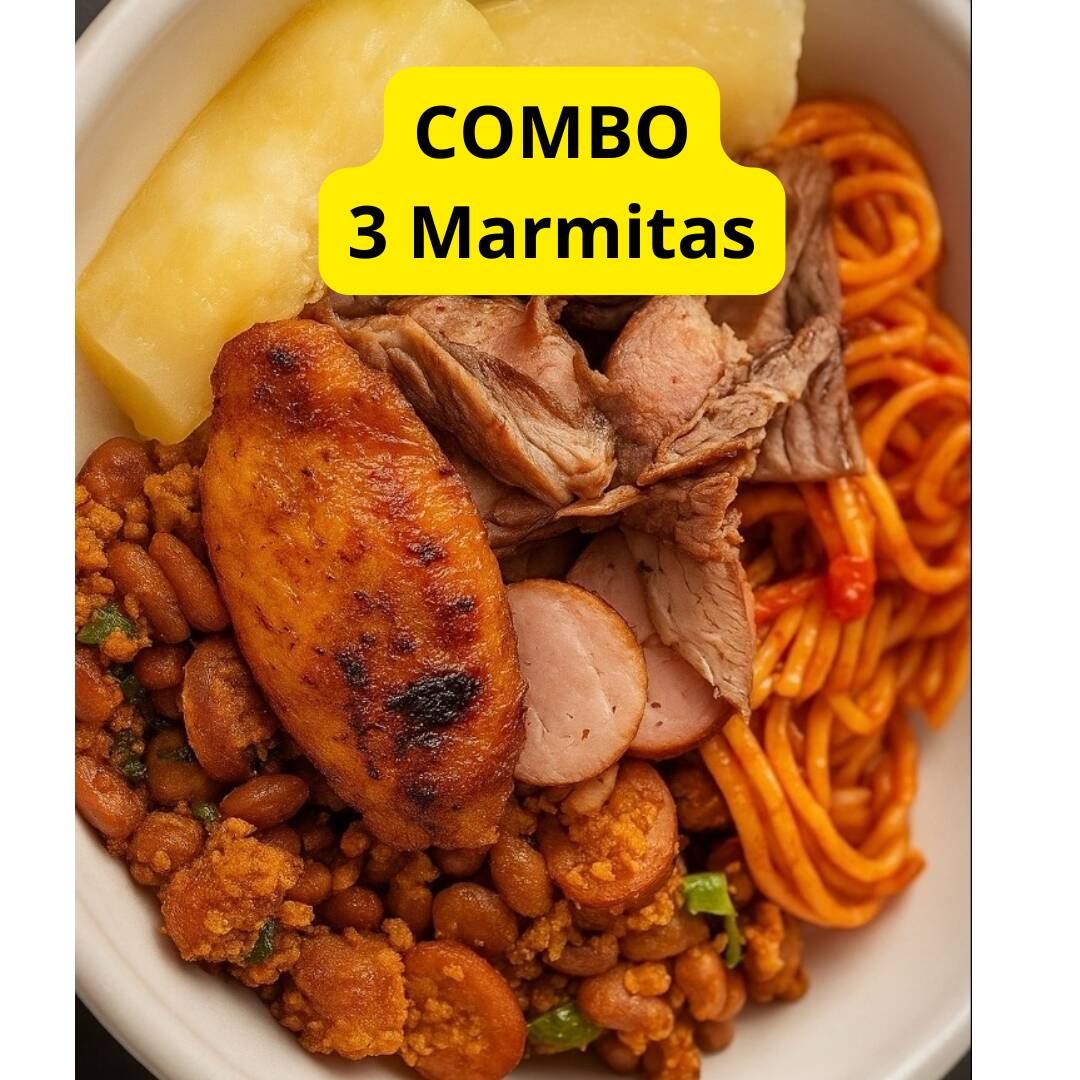 Combo de 3 marmitas com arroz, feijao de caldo, macarrão, mandioca e churrasco misto na brasa.