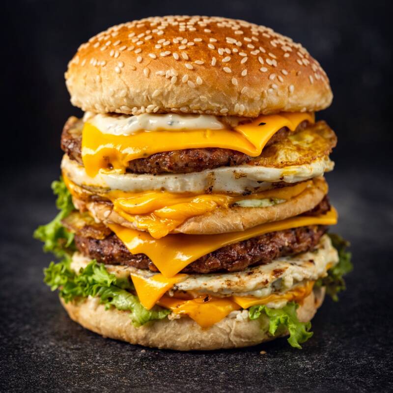 3 pães , 4 carnes , 2 queijo cheddar , 2 ovos , bacon , calabresa , presunto , picles , alface , cebola roxa e molhos .