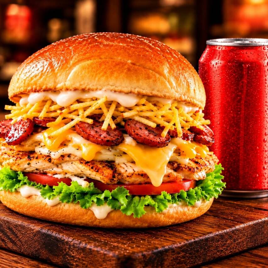 O lanche mais completo e vendido da Point Burger! Hambúrguer 90g suculento, bacon crocante, ovo, presunto, queijo derretido, batata palha, milho, alface e tomate, finalizados com ketchup e maionese. Acompanha 1 Coca-Cola lata 350 ml bem gelada para completar o pedido.
imagem ilustrativa